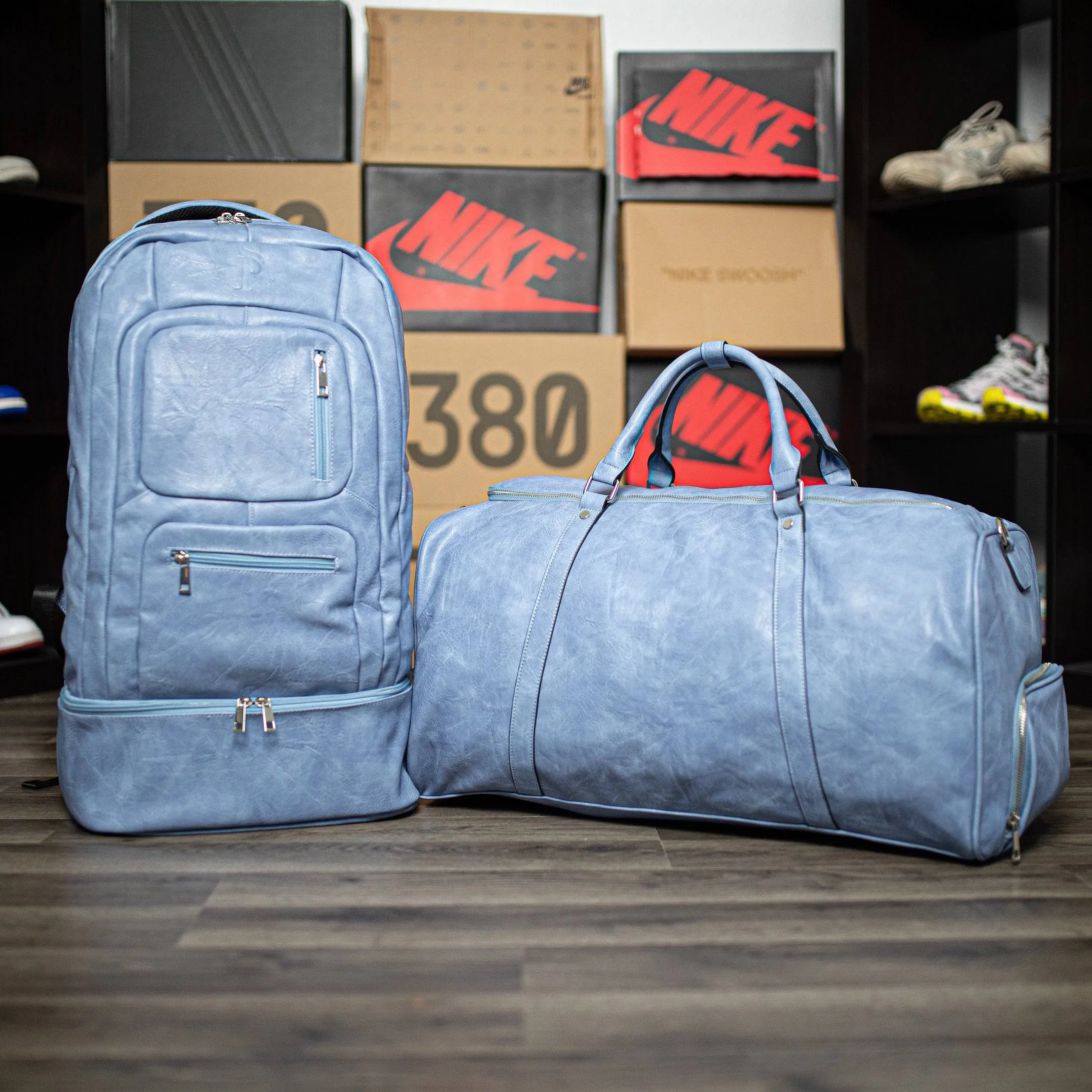 Baby Blue Tumbled Leather Signature Bag Set (Signature and Duffle Bag)