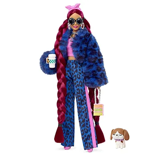 ?Barbie Extra Doll #17 in Leopard-Print Pants & Furry Jacket, with Pet Puppy, Extra-Long Hair & Accessories