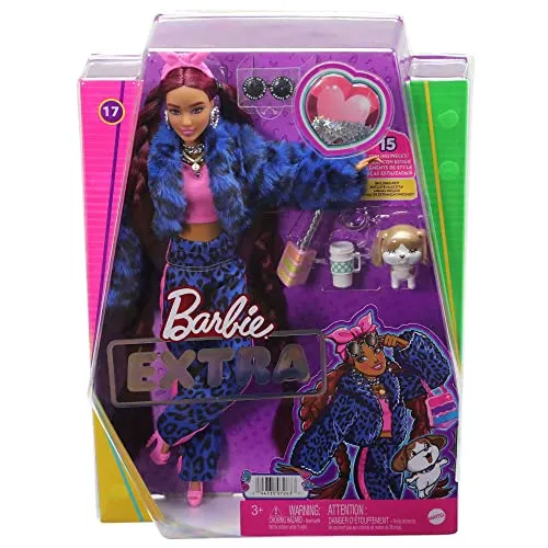 ?Barbie Extra Doll #17 in Leopard-Print Pants & Furry Jacket, with Pet Puppy, Extra-Long Hair & Accessories