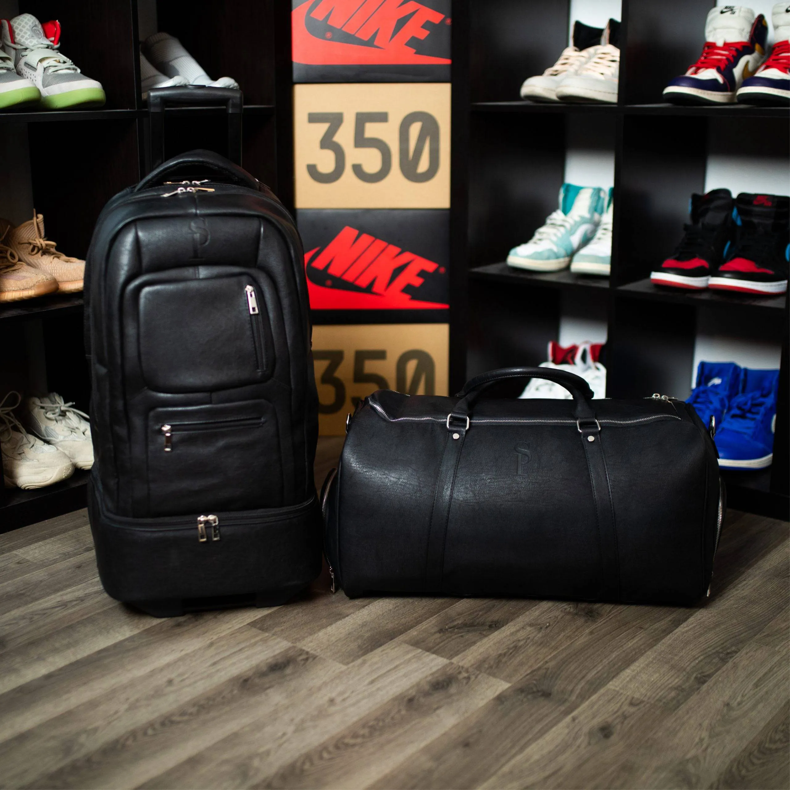 Black Tumbled Leather Roller Bag Set