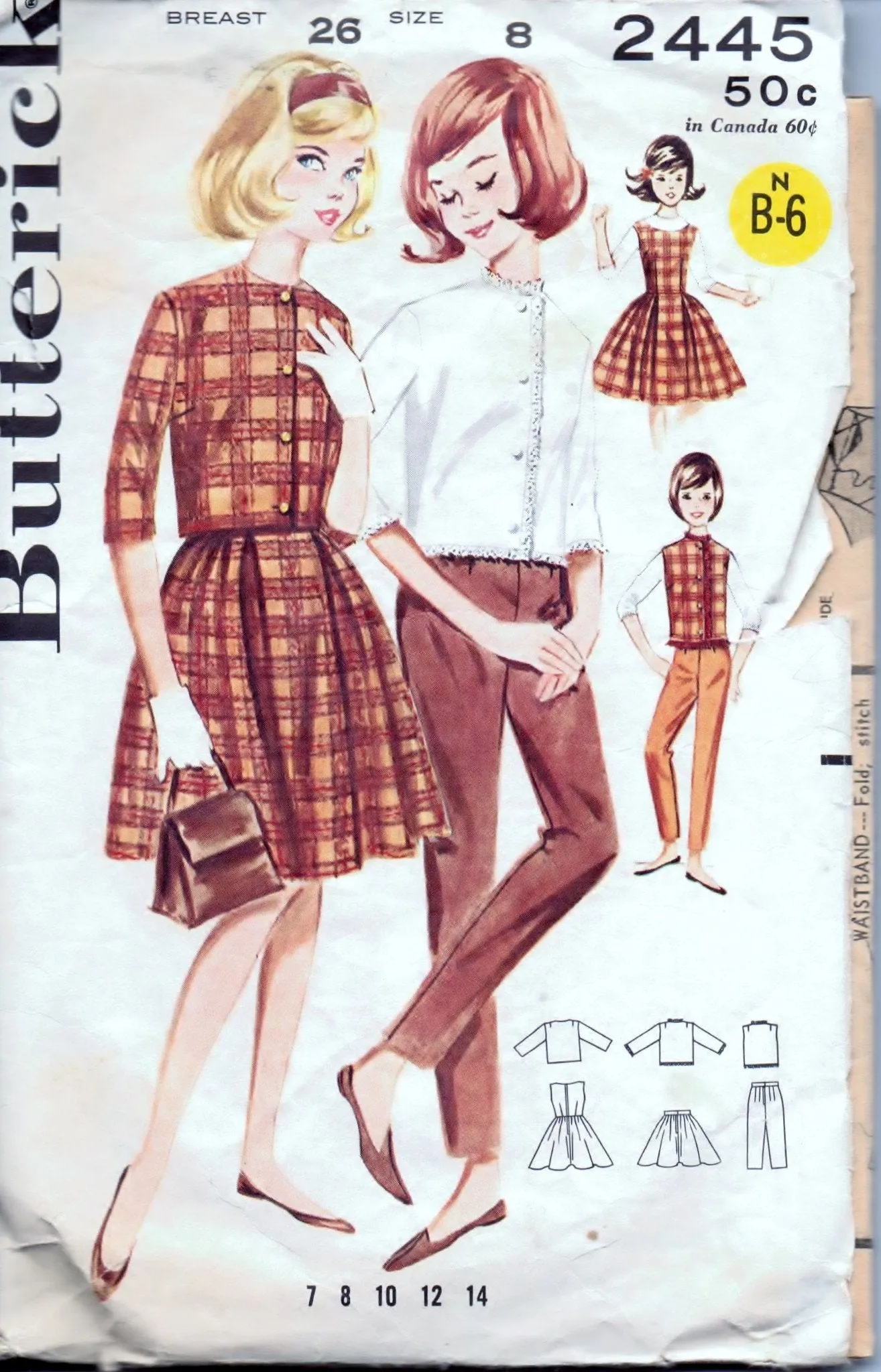 Butterick 2445 GIrls' Wardrobe Jumper Dress Skirt Pants Jacket Vintage 1960's Sewing Pattern