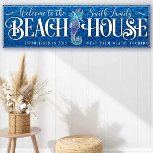 Coastal Decor - Beach House Seahorse Sign in Blue