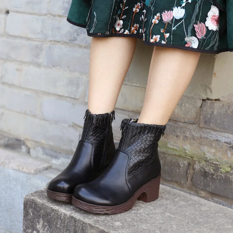 Handmade Women Thick Heel Boots Black