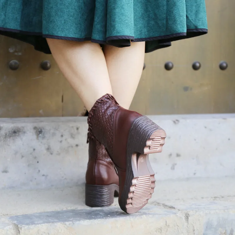 Handmade Women Thick Heel Boots Black