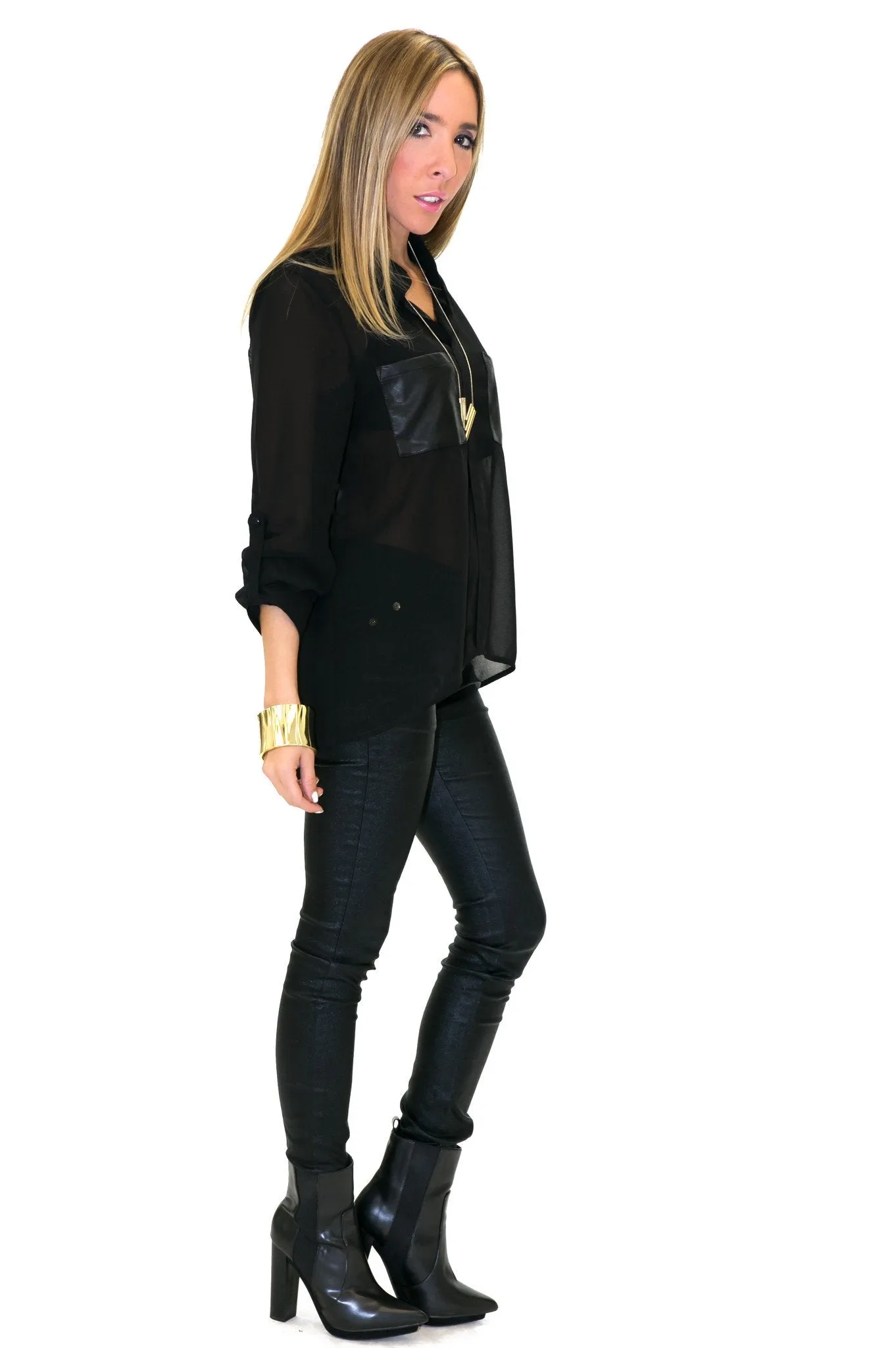 LEATHER POCKET CHIFFON BLOUSE - Black