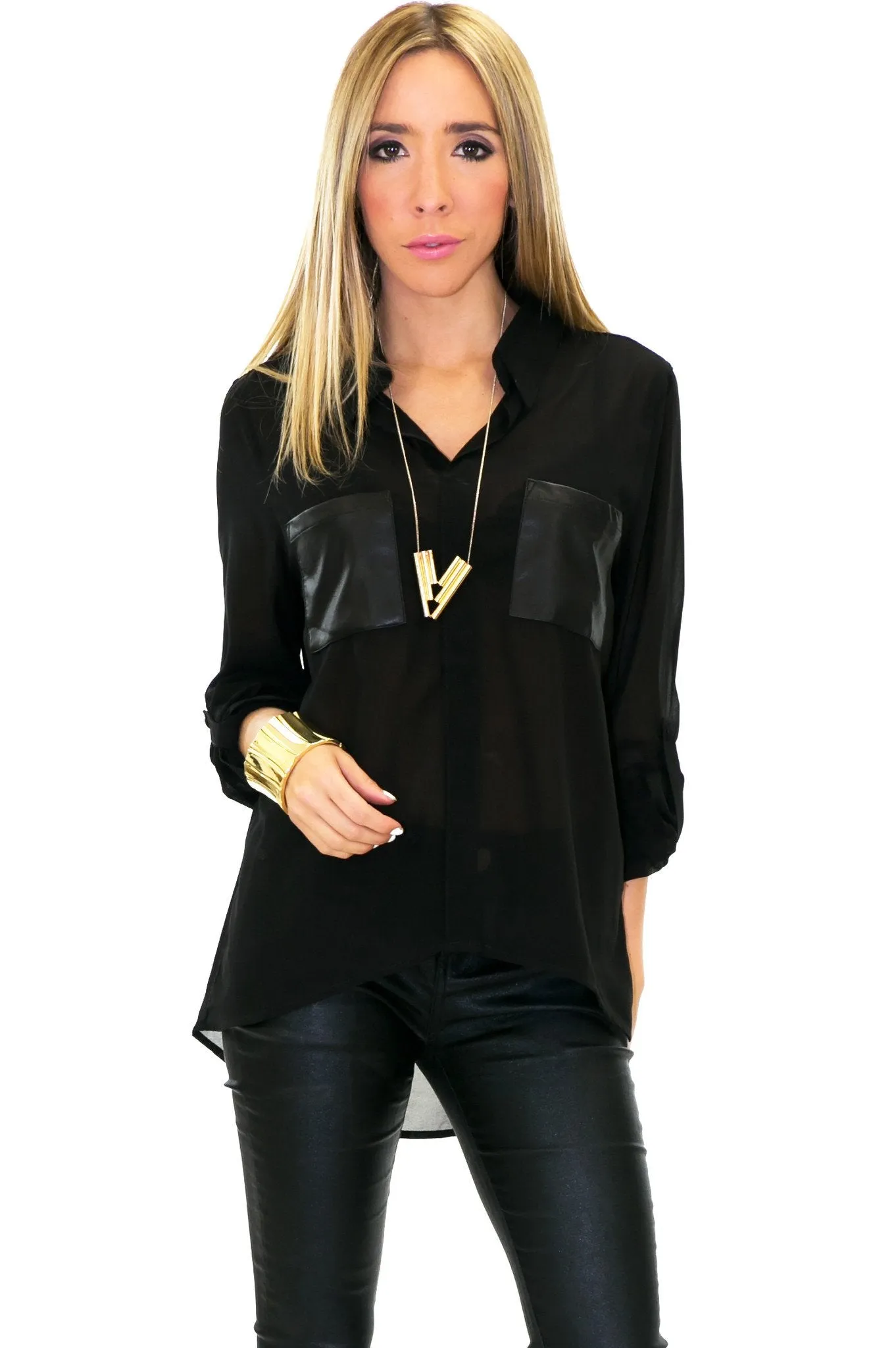 LEATHER POCKET CHIFFON BLOUSE - Black