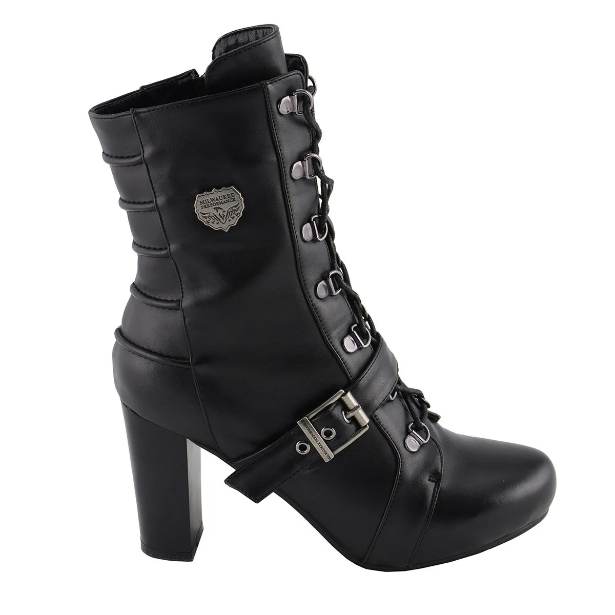 Milwaukee Leather MBL9431 Women's Black Lace-Up Fashion Boots with Block Heel and Buckle Strap