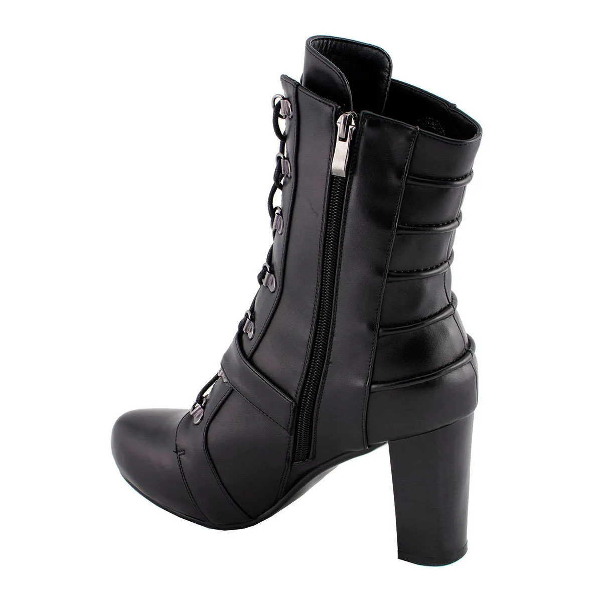 Milwaukee Leather MBL9431 Women's Black Lace-Up Fashion Boots with Block Heel and Buckle Strap