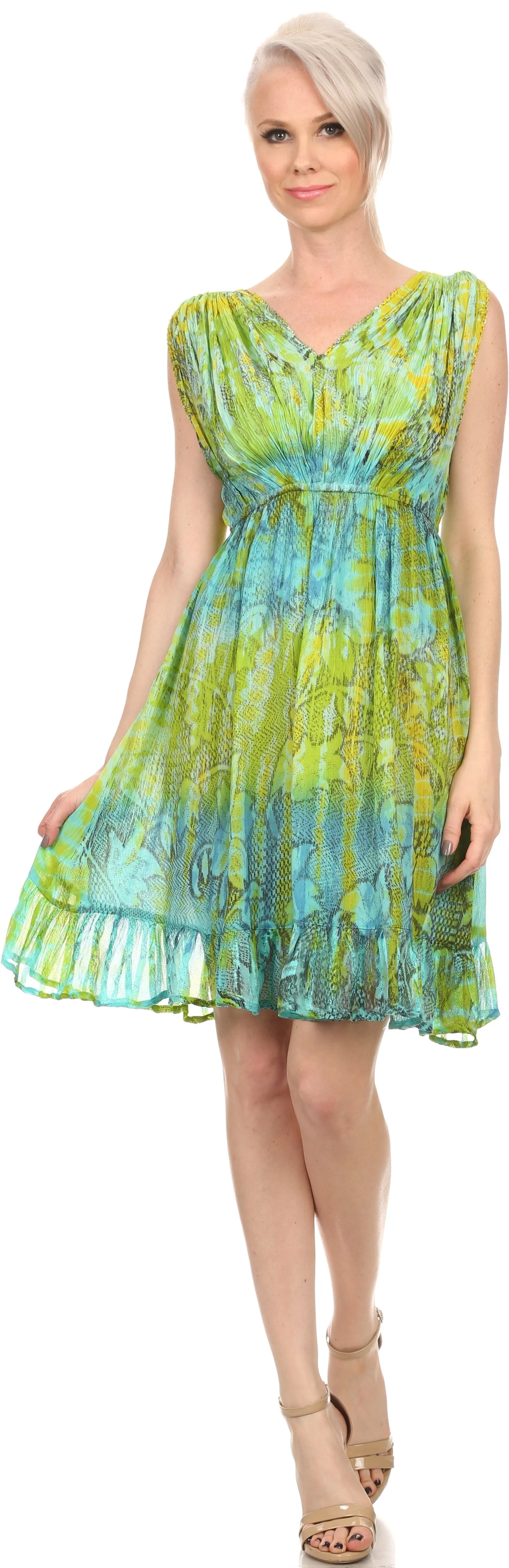 Sakkas Ganya Mid Length Ruffled Bottom Sleeveless Ombre Tie Dye Wash Batik Dress