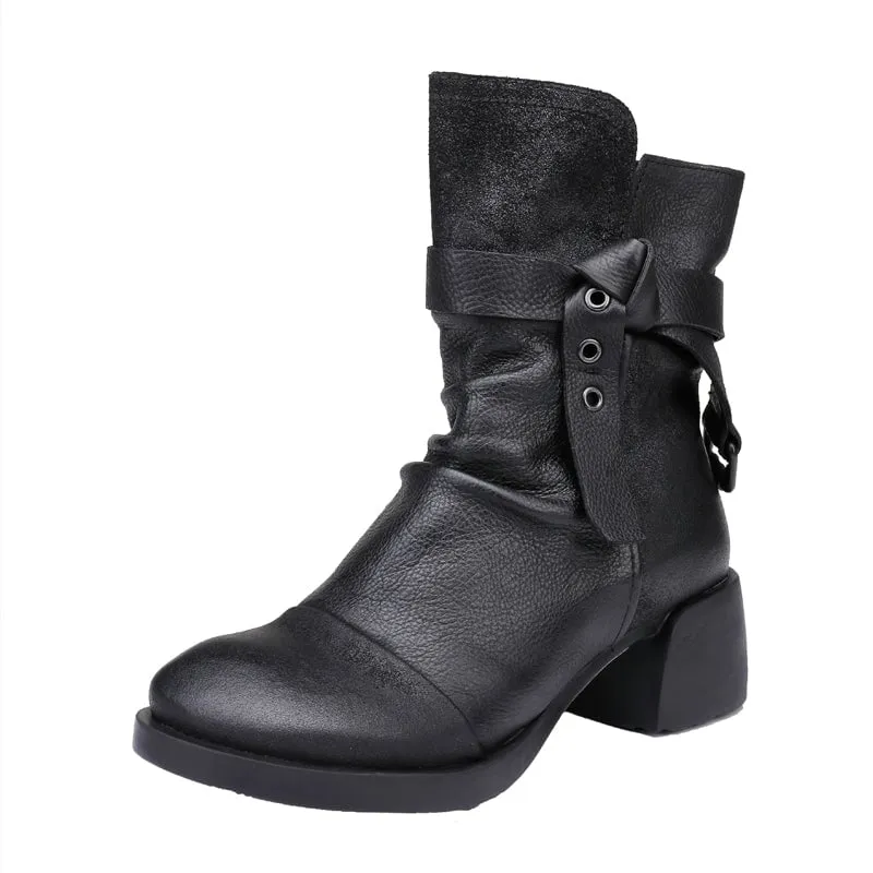 Women Leather Heeled Combat Boots with Belt Comfortable Walking Round Toe in Black/Coffee