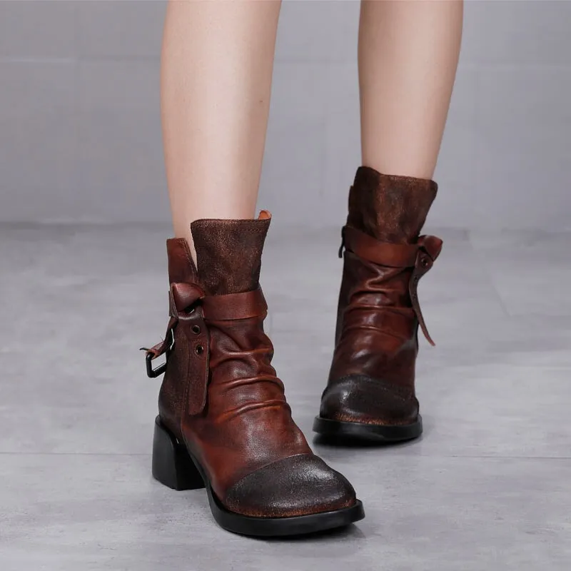 Women Leather Heeled Combat Boots with Belt Comfortable Walking Round Toe in Black/Coffee