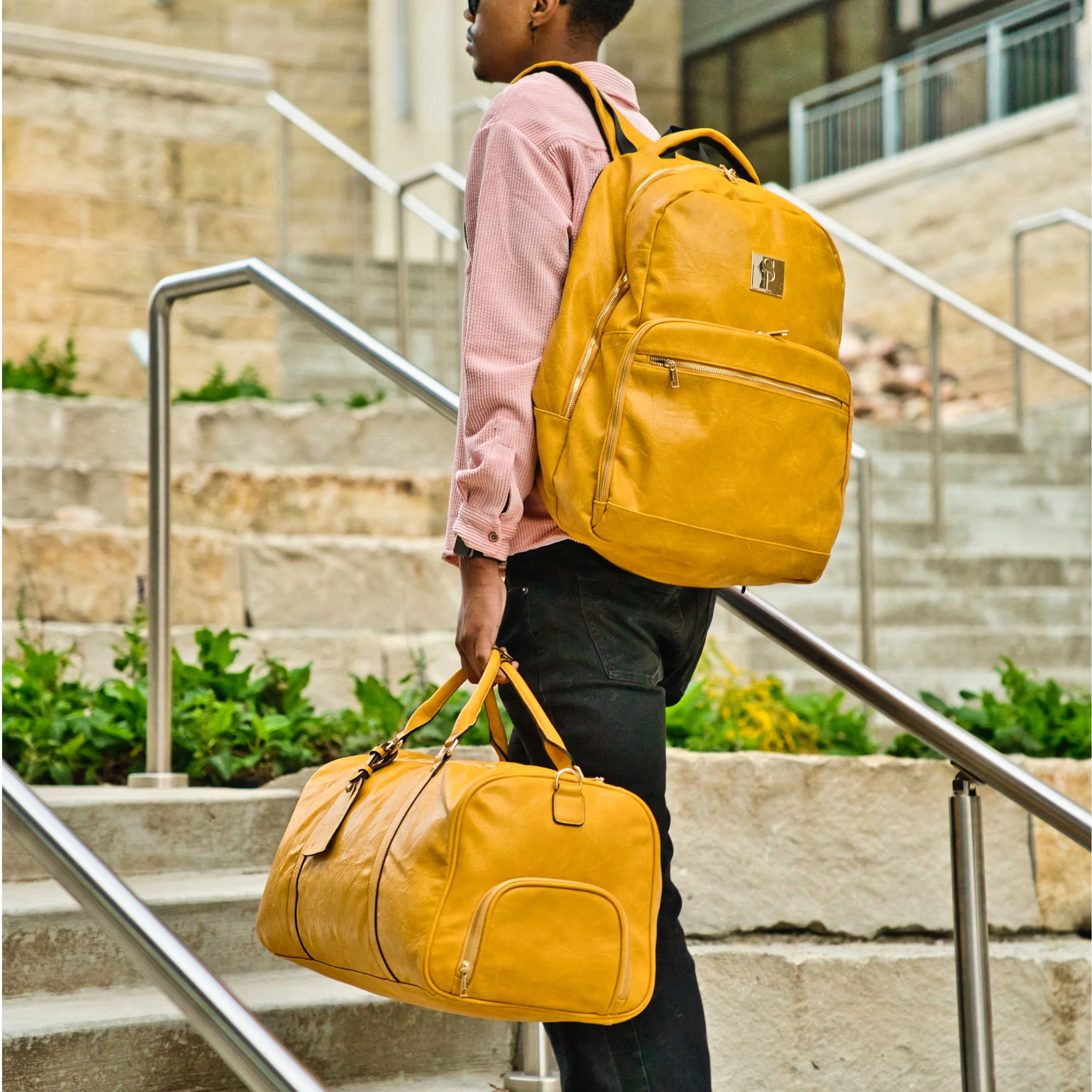 Yellow Tumbled Leather 2 Bag Set (Commuter and Duffle)